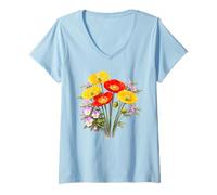 Femme Coquelicots et pensées Rouges et Jaunes Formes Pleine Floraison Mania T-Shirt avec Col en V