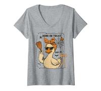 Femme Coquette Bow Halloween Oie Honk or Treat Boo Chignon désordonné T-Shirt avec Col en V