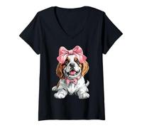 Femme Coquette Bow St. Bernard Chien Maman Fille Rose Fête des Mères T-Shirt avec Col en V