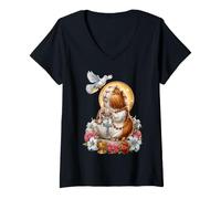 Femme Coquette Cochon d'Inde Crucifix Religieux en Forme de cœur T-Shirt avec Col en V