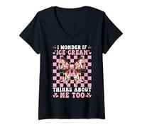 Femme Coquette Conique I Wonder If Ice Cream Thinks About Me Too T-Shirt avec Col en V