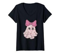 Femme Coquette Coquette Fantôme Halloween Toute Année Fleurs Noeud Crâne Rose T-Shirt avec Col en V