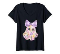 Femme Coquette Coquette Fantôme Halloween Toute Année Fleurs Noeud Crâne Rose T-Shirt avec Col en V