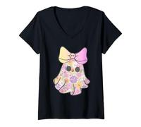 Femme Coquette Coquette Fantôme Halloween Toute Année Fleurs Noeud Crâne Rose T-Shirt avec Col en V