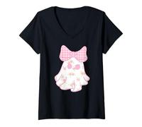Femme Coquette Coquette Fantôme Halloween Toute Année Fleurs Noeud Crâne Rose T-Shirt avec Col en V