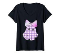 Femme Coquette Coquette Fantôme Halloween Toute Année Fleurs Noeud Crâne Violet T-Shirt avec Col en V