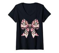 Femme Coquette Noeud St-Bernard Motif Chien Maman Fille Rose T-Shirt avec Col en V