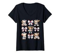 Femme Coquette Teddy Bear Soft Aesthetic Bow Baseball Girl Women T-Shirt avec Col en V