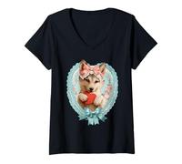 Femme Coquette Vintage en Forme de Loup avec cœur T-Shirt avec Col en V