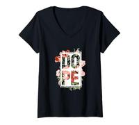 Femme Coral Dope Flowers Coral Color Graphic T-Shirt avec Col en V