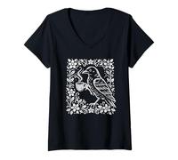 Femme Corbeau boit du café avec Cadre Floral botanique cottagecore T-Shirt avec Col en V