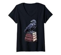 Femme Corbeau esthétique sombre sur des livres, design littéraire gothique amusant T-Shirt avec Col en V