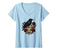 Femme Corbeau sur crâne avec Roses Rouges foncées Style Gothique Occidental T-Shirt avec Col en V