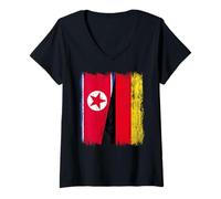 Femme Corée du Nord Allemagne Demi Drapeau Corée du Nord Maillot Allemand T-Shirt avec Col en V