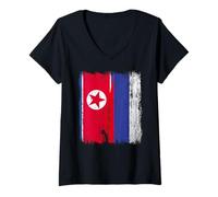 Femme Corée du Nord Russie Demi Drapeau Corée du Nord Russe Jersey T-Shirt avec Col en V