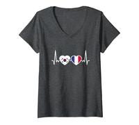 Femme Corée du Sud France Vintage Drapeau Battement Coeur Corée T-Shirt avec Col en V, Chiné Foncé, M
