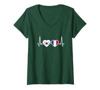 Femme Corée du Sud France Vintage Drapeau Battement Coeur Corée T-Shirt avec Col en V, Vert Forêt, S