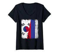 Femme Corée du Sud Russie Demi Drapeau Corée du Sud Russe Jersey T-Shirt avec Col en V