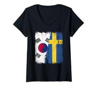 Femme Corée du Sud Suède Demi-drapeau Corée du Sud Racines suédoises T-Shirt avec Col en V