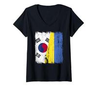 Femme Corée du Sud Ukraine Demi Drapeau Corée du Sud Ukrainien Jersey T-Shirt avec Col en V