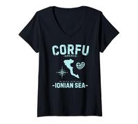 Femme Corfou Mer Ionienne Île De Grèce Drapeau Grec Carte T-Shirt avec Col en V