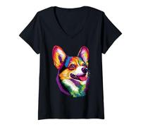 Femme Corgi aux Couleurs Vives de l'arc-en-ciel Chien Welsh Corgi T-Shirt avec Col en V