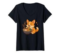 Femme Corgi avec Nouilles Ramen Chien Kawaii T-Shirt avec Col en V
