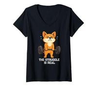 Femme Corgi Dog Gym Rat Deadlift Struggle est Une Vraie Lutte pour Maman et Papa T-Shirt avec Col en V