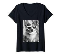 Femme Corgi drôle avec Lunettes de Soleil Mignon Chien Meme Ambiance Estivale T-Shirt avec Col en V