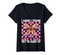 Femme Cornhole Player Pouf Poire avec Inscription « I Know I Throw Like A Girl » T-Shirt avec Col en V