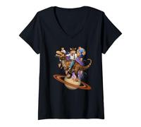 Femme Cosmic Coffee Cat - Chat Amusant Observant Les étoiles avec T-Rex et OVNI T-Shirt avec Col en V
