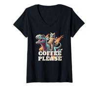 Femme Cosmic Coffee Chat Amusant avec T-Rex et OVNI T-Shirt avec Col en V