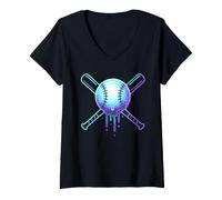 Femme Cosmic Drip Baseball Graphic Blue Vaporwave Aesthetic T-Shirt avec Col en V