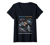 Femme Cosmic Odyssey Pixel Explorer, Jeu Spatial rétro, Art de Science-Fiction T-Shirt avec Col en V
