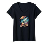 Femme Cosmic Vibes Only Retro Space Rocket Planet Galaxy Aesthetic T-Shirt avec Col en V