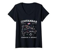 Femme COSTAMBAR Drapeau République Dominicaine Carte de Voyage Coordonnées T-Shirt avec Col en V