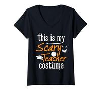 Femme Costume Amusant pour Professeur d'halloween avec Inscription « This is My Scary Teacher » T-Shirt avec Col en V