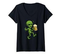 Femme Costume d'alien ivre avec bière pour fêtes spatiales T-Shirt avec Col en V