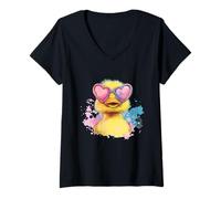 Femme Costume de canard vibrant avec lunettes en forme de cœur T-Shirt avec Col en V