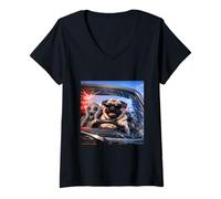 Femme Costume de Carlin Amusant pour garçons et Filles rétro Meme Alien Cop Car Chase T-Shirt avec Col en V