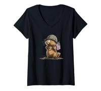 Femme Costume de Castor de Soldat Mignon pour Les Fans du Drapeau américain et des Militaires T-Shirt avec Col en V