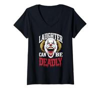 Femme Costume de Clown Terrifiant pour Tueur de Visage d'horreur T-Shirt avec Col en V