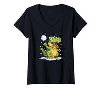 Femme Costume de Dinosaure excité Aime Les Combats de Boules de Neige T-Shirt avec Col en V