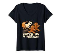 Femme Costume de Noël Amusant « Catch us If You Can Gingerbread » T-Shirt avec Col en V