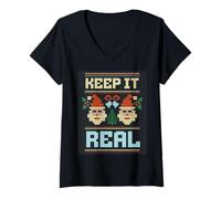 Femme Costume de Noël Amusant « Keep it Real » Père Noël T-Shirt avec Col en V
