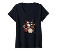 Femme Costume de Père Noël Rock'n Roll pour Les Amateurs de Batterie T-Shirt avec Col en V