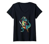 Femme Costume de Pirate de Dinosaure T-Rex - Boucanier Jolly Roger T-Shirt avec Col en V