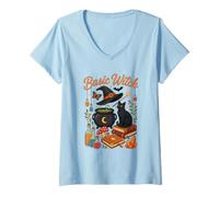 Femme Costume de sorcière Basique pour Halloween, Citrouille, Squelette, fantôme, Horreur T-Shirt avec Col en V