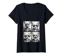 Femme Costume de Squelette de Renard avec Lunettes de Soleil pour Halloween T-Shirt avec Col en V