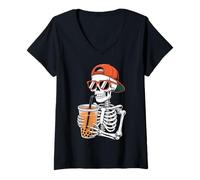Femme Costume d'halloween Amusant Squelette Boba Tea T-Shirt avec Col en V